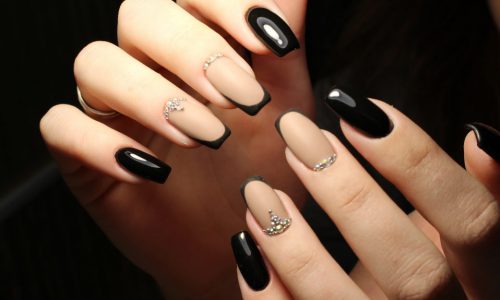 Youth manicure design, color coffee with rhinestones and black